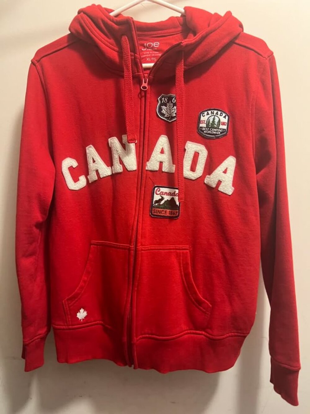 Joe Fresh Canada Zip Hoodie Women XL Red Hoodie with Chenille Letters